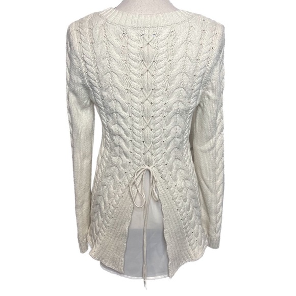 CAbi Ivory Cable Knit Lace Back Sweater Style 3157 - Picture 3 of 8